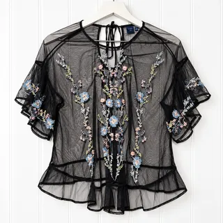 Photo of Kaari Blue Petite Embroidered Mesh Blouse Womens PM Black Sheer Floral Boho