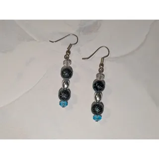Photo of Fun & Sparkly Vintage 1980s Pierced Silver-Tone Teal Beaded Dangle Earrings
