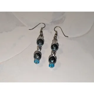 Photo of Fun & Sparkly Vintage 1980s Pierced Silver-Tone Teal Beaded Dangle Earrings
