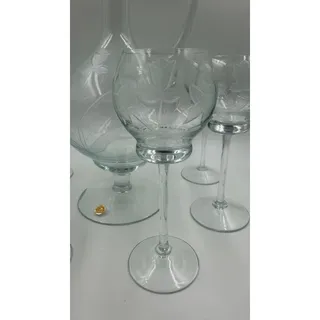Photo of Vintage Romanian Etched Rose Glass Decanter with Stopper & 6 Wine Glasses Set