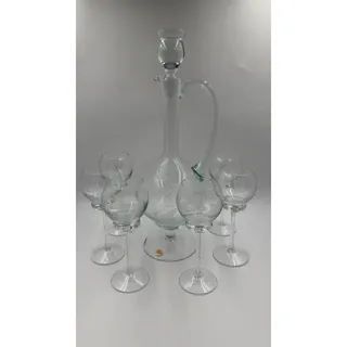 Photo of Vintage Romanian Etched Rose Glass Decanter with Stopper & 6 Wine Glasses Set