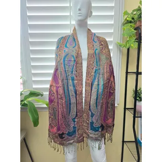 Photo of Multicolor Paisley Floral Fringe Sparkly Y2K Whimsy Paisley Cottage Scarf OSFM