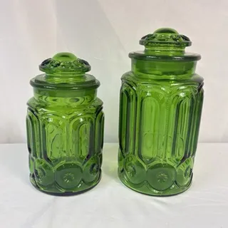 Photo of Vintage L E Smith Moon And Stars Green Glass Canister Pair 11” 9” Look