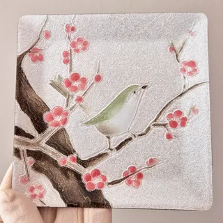 Photo of Vintage Japanese Enamel Metal Plate Bird Plum Blossom Square Trinket Dish