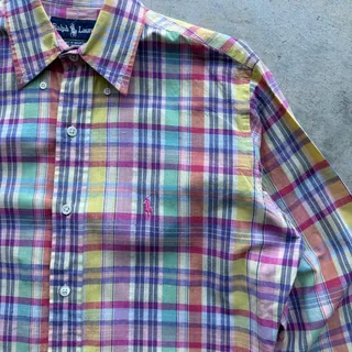 Photo of Vintage 80s Ralph Lauren Madras Handwoven Plaid Polo Shirt Size S