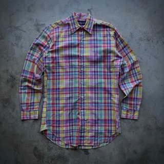 Photo of Vintage 80s Ralph Lauren Madras Handwoven Plaid Polo Shirt Size S