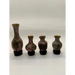 Photo of Vintage Chinese Cinnabar Style Mini Vases Set 4 Floral Brass Wood Stands