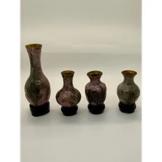 Photo of Vintage Chinese Cinnabar Style Mini Vases Set 4 Floral Brass Wood Stands