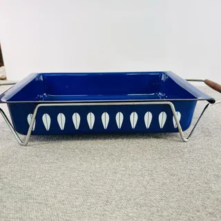 Photo of Rare Cathrineholm Norway Royal Blue Lotus Lasagna Pan Stand MCM Vintage