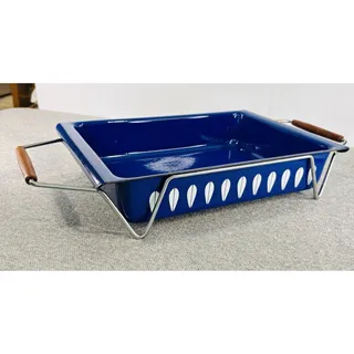 Photo of Rare Cathrineholm Norway Royal Blue Lotus Lasagna Pan Stand MCM Vintage