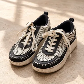Photo of Black White Woven Mesh Platform Sneakers Whipstitch Lace Up Low Top Trainers 6.5