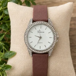 Photo of Geneva Rhinestone Bezel Quartz Watch Brown Faux Leather Strap