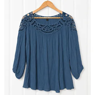 Photo of ZAC & Rachel Woman Royani Blouse 3x Teal Crochet Boho 3/4 Sleeve Tunic Top