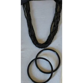 Photo of VTG Black Multi Strand Seed Bead Necklace & 2 Bangle Bracelet Set Boho Statement