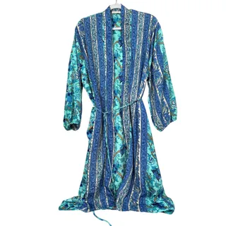Photo of Earthbound Womens S/M Blue Multi Floral Silky Long Robe Sleepwear Cottagecore