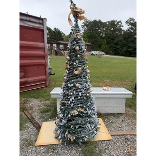 Photo of Pre-Lit Pop Up Pencil Christmas Tree Flocked Collapsible Gold Ornaments Bows