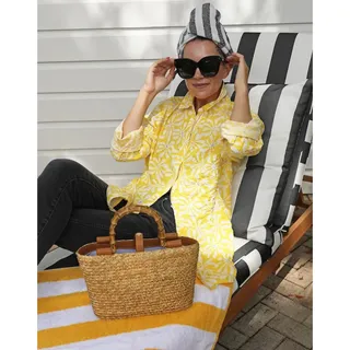 Photo of J. McLaughlin Womens M Yellow White Funky Flower Cotton Button Up Shirt