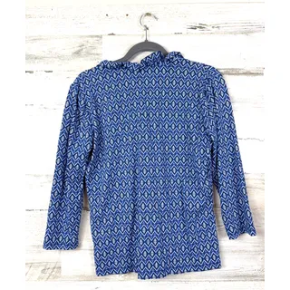 Photo of J.McLaughlin Womens L Blue Catalina Ruffle V Neck Geometric Blouse Stretch