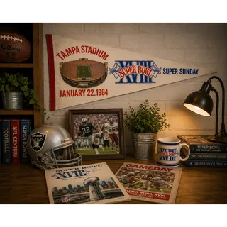 Photo of Super Bowl XVIII Tampa Stadium Pennant 1984 NFL Raiders Redskins Vintage