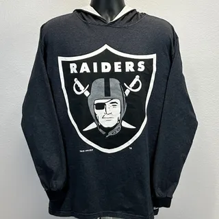 Photo of Vintage 90s Las Vegas Raiders Hooded T Shirt L Large NFL Long Sleeve Hoodie Gray