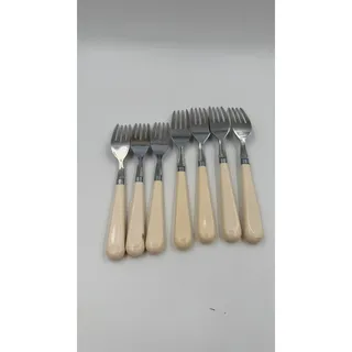 Photo of 7 Blue Floral Cream Handle Forks Stainless Taiwan Flatware Lot