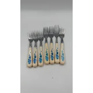 Photo of 7 Blue Floral Cream Handle Forks Stainless Taiwan Flatware Lot