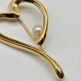 Photo of Gold Tone HEART Lapel Pin Brooch Faux Pearl Open Swirl Design Love Valentine's