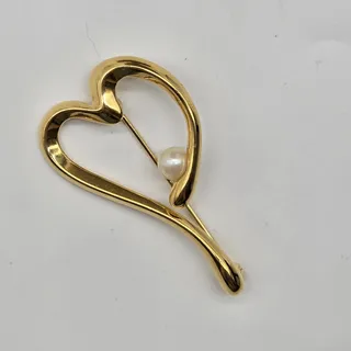 Photo of Gold Tone HEART Lapel Pin Brooch Faux Pearl Open Swirl Design Love Valentine's