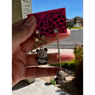 Photo of Vintage Betsey Johnson asymmetric panda drop earrings black white bling bow Y2K