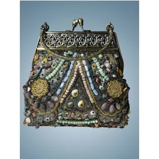 Photo of Vintage Beaded Evening Bag Kiss Lock Metal Handle Rhinestone Floral Purse Y2K