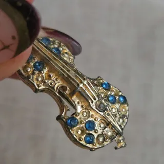 Photo of Vintage Gold Tone Violin Brooch with Blue Rhinestones | Mid-Century Music Pin