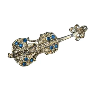 Photo of Vintage Gold Tone Violin Brooch with Blue Rhinestones | Mid-Century Music Pin