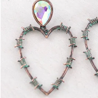 Photo of Barbed Wire Heart Drop Earrings – Patina & Glass Stones