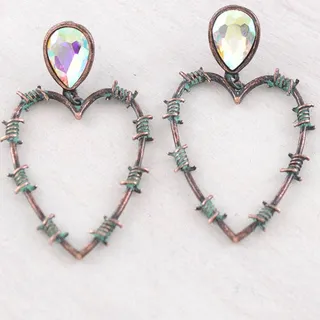 Photo of Barbed Wire Heart Drop Earrings – Patina & Glass Stones