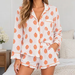 Photo of J Crew Womens XL White Orange Gathered Floral Print Pajama Short Set Button Up