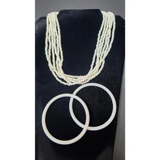 Photo of VTG White Multi Strand Seed Bead Necklace & 2 Bangle Bracelet Set Boho Statement