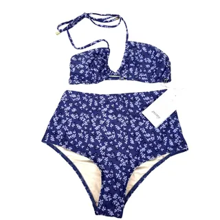 Photo of Peony Womens S Blue White Floral Ruched Halter High Waist Bikini Set NWT Luxe