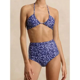 Photo of Peony Womens S Blue White Floral Ruched Halter High Waist Bikini Set NWT Luxe