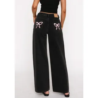 Photo of White Fox | Black Wide Leg Jeans Pink Bow Pockets S 28in Waist
