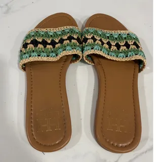 Photo of Haute Hippie Woven Slide Sandals Size 7 Green Black Aqua Tan Boho Coastal Resort