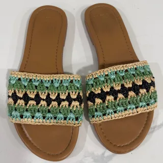 Photo of Haute Hippie Woven Slide Sandals Size 7 Green Black Aqua Tan Boho Coastal Resort