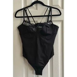 Photo of SHAPELLX Lace Bodysuit Shapewear Black L Plunge Lace Trim Bodysuit