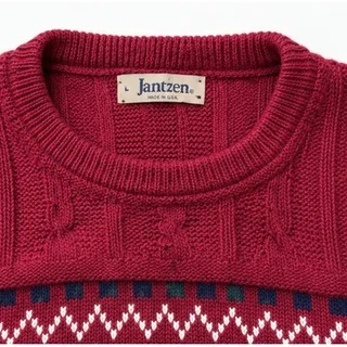 Photo of Vintage Jantzen Mens Large Cable Knit Fair Isle Sweater Burgundy Red Made in USA