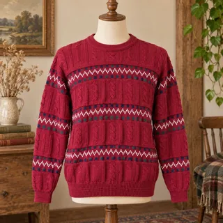 Photo of Vintage Jantzen Mens Large Cable Knit Fair Isle Sweater Burgundy Red Made in USA