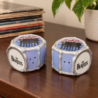 Photo of The Beatles 2006 Apple Corps Ceramic Drum Salt and Pepper Shaker Set Blue Silver