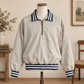 Photo of Vintage JanSport Quarter Zip Windbreaker Jacket Tan Navy Striped Trim Mens Large