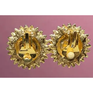 Photo of Vintage Gold Tone Faux Pearl Rhinestone Clip On Earrings 1” Statement