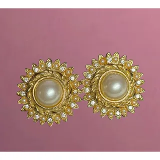 Photo of Vintage Gold Tone Faux Pearl Rhinestone Clip On Earrings 1” Statement