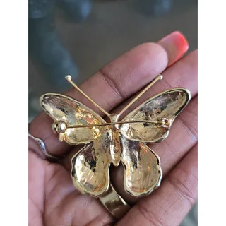 Photo of Vintage Butterfly Brooch Gold Tone with Red & Green Enamel Clear Crystals