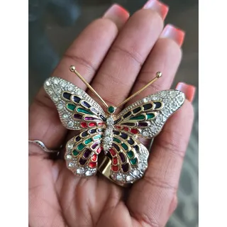 Photo of Vintage Butterfly Brooch Gold Tone with Red & Green Enamel Clear Crystals